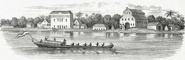 Residence, offices and tent-barge of the Alkmaar cocoa Plantation on the Suriname in the 19th century
