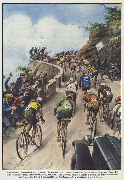 The resounding enthusiasm of the Guerra and Binda fans characterized the first phase of the Giro d Italia (colour litho)