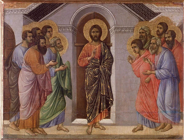 Resurrected Jesus appears to the apostles. Maesta altarpiece (tempera and gold on wood