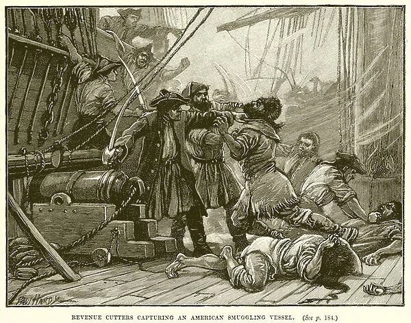 Revenue Cutters capturing an American Smuggling Vessel (engraving)