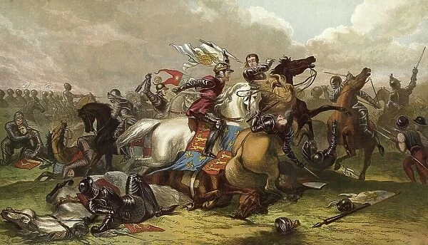 Richard III and the Earl of Richmond at the Battle of Bosworth (chromolitho)
