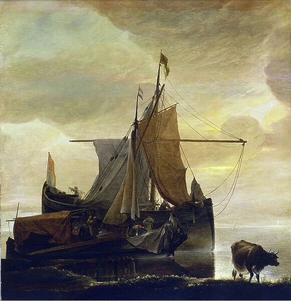 The rising tide at dawn describes a calm sea in subtle tones, with two coastal boats and a larger vessel moored in a golden sea