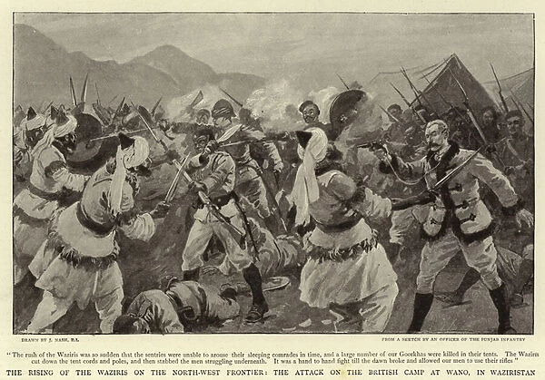The Rising of the Waziris on the North-West Frontier, the Attack on the British Camp at Wano, in Waziristan (litho)