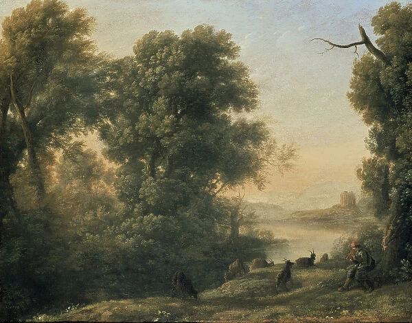 River landscape with Goatherd Piping, 17th century (oil on canvas)
