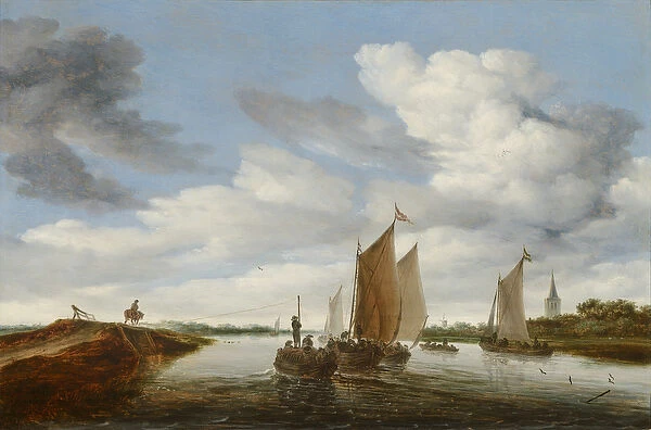River Landscape with Sailing Boats and a Horse-Drawn Barge, 1660 (oil on panel)