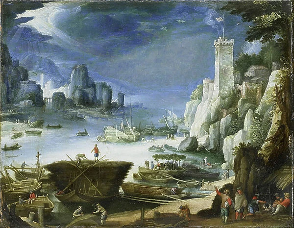 River view with large rock, 1601 (oil on copper)