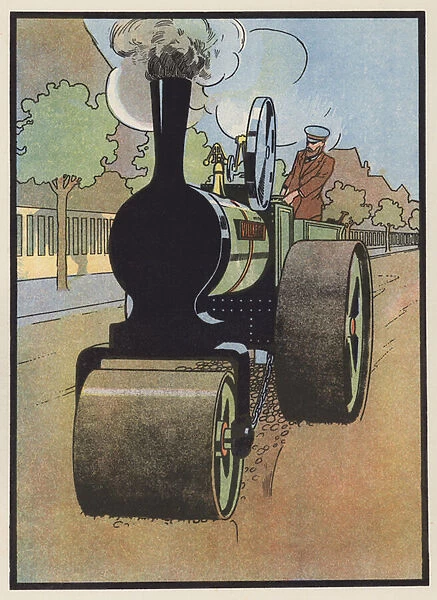 The Road Roller at Work (colour litho)