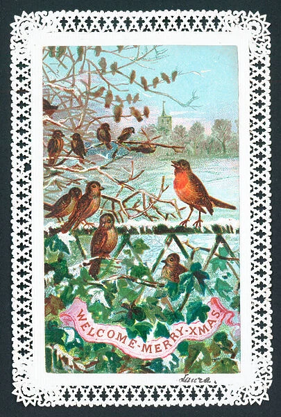 Robin singing on a branch, Christmas Card (chromolitho)