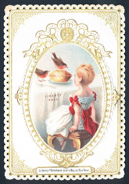 Robins eating the pie! Christmas Card (chromolitho)