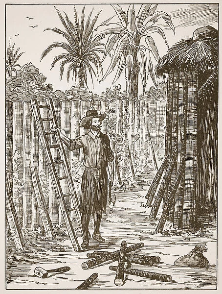 Robinson Crusoe building his bower, illustration from The Story of Robinson Crusoe