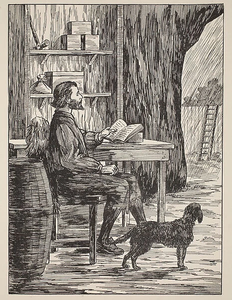 Robinson Crusoe in his cave, illustration from The Story of Robinson Crusoe