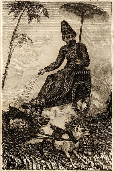Robinson Crusoe on his chariot traine by six dogues, engraving inserted in '