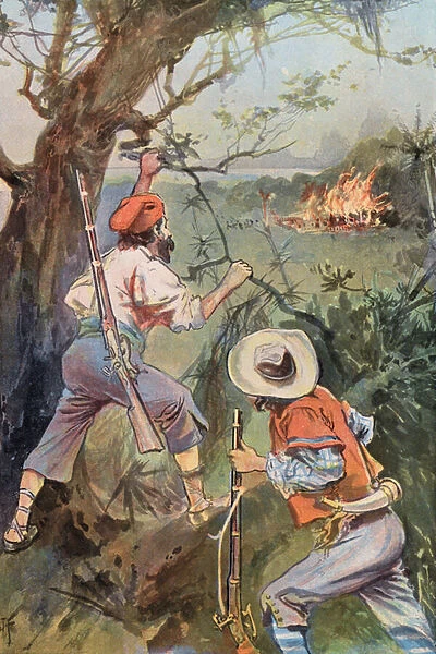 Robinson Crusoe: The huts on fire (colour litho)