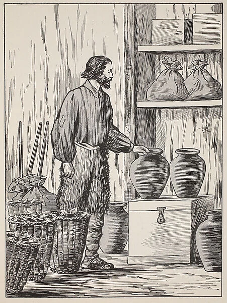 Robinson Crusoe in his storeroom, illustration from The Story of Robinson Crusoe