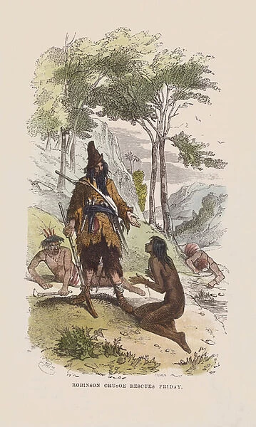 Robinson rescues Friday (coloured engraving)