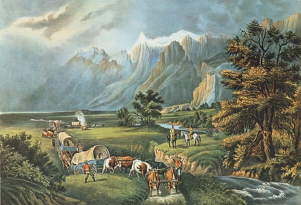 The Rocky Mountains: Emigrants Crossing the Plains, 1866 (colour litho)