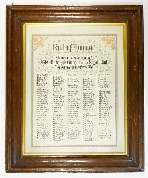 Roll of Honour, men from the Royal Mint who joined the forces during the First World War