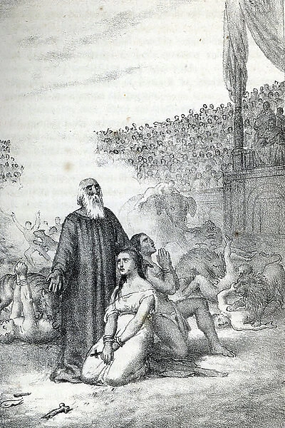 Roman Antiquite: The Christian Martyrs in the Amphitheatre (First Martyrs of the Church of Rome) Drawing from ' Misteri del Vaticano' by Franco Mistrali, 1866