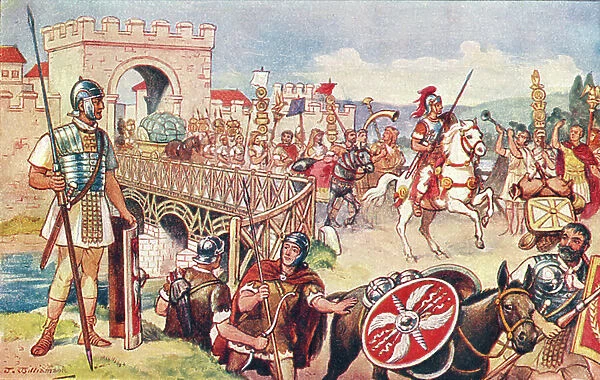 The Roman Empire - a column of soldiers advancing over a bridge