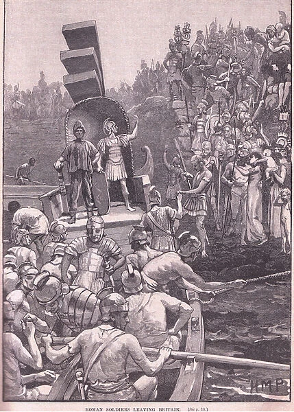 Roman soldiers leaving Britain AD 410 (litho)