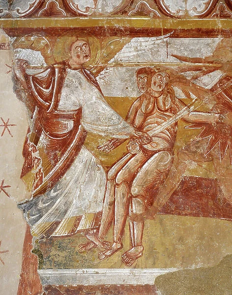 Romanesque art: An angel defends Adam and Eve from demon companies. Detail view of the frescoes of the choir 'La vie du Christ' (13th century) from the church of Saint Martin (Saint Martin, 11th and 12th century) in Nohant Vic (Nohant-Vic)