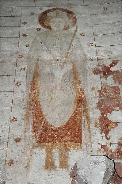 Romanesque art: Fresco of the abbey of Saint Savin on Gartempe. Radiant chapel. A saint. Saint Savin sur Gartempe (Saint-Savin-sur-Gartempe), Vienne, Poitou-Charentes (Poitou Charentes), France. Photography