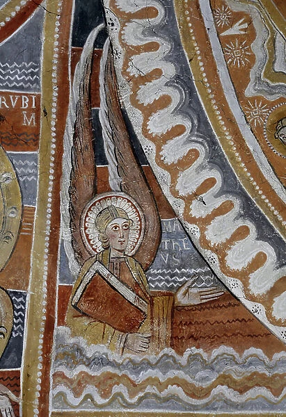 Romanesque art: fresco of the choir of the church of Notre Dame de Charly. Charly, Cher, Centre, France. Mathieu symbolizes by a man high in the rank of angel Photography