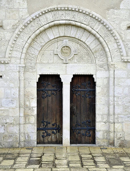 Romanesque Art: View of the door and tympanum of the church Saint Gaultier (Saint-Gaultier), Indre, Centre, France Photography
