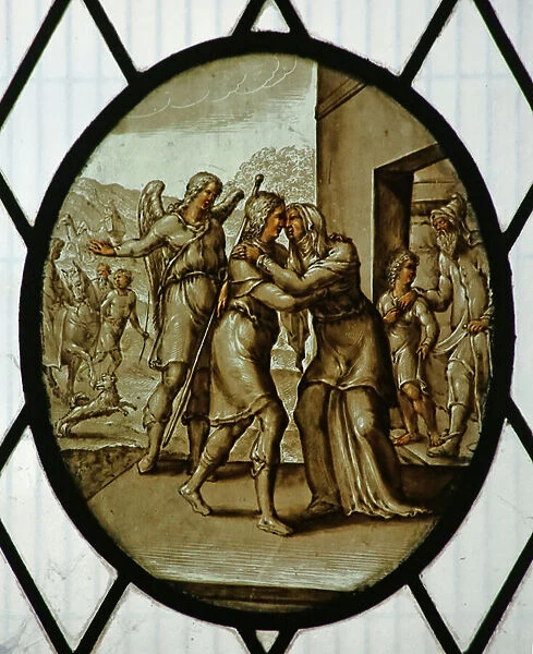 Roundel: Tobias returns to Sarah (stained glass)