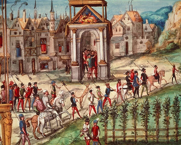 The Royal Entry Festival of Henri II (1519-59) into Rouen, 1st October 1550 (pen, ink and w  /  c)