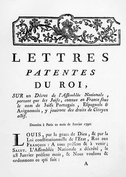 Royal Letters Patent granting equal rights for Portuguese, Spanish and Avignonese Jews in France, Paris, January 28, 1790 (engraving) (see also 695057)
