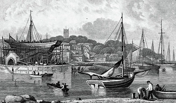 A Royal Navy dockyard, showing a warship, 1850