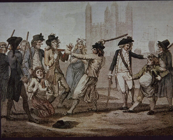 Royal Navy press gang, enforcing the recruitment of sailors, 1794 (coloured engraving)