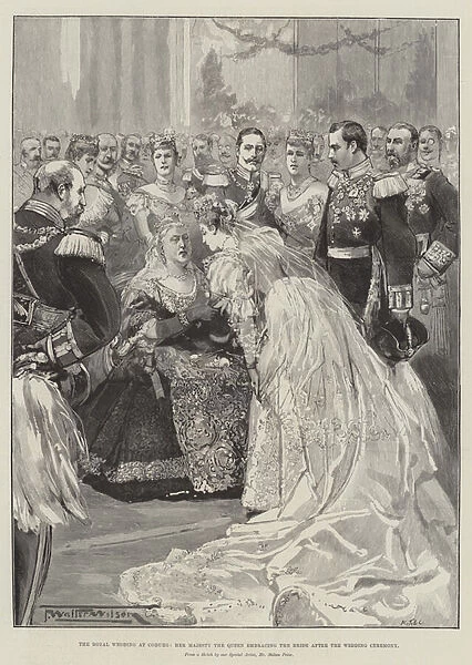 The Royal Wedding at Coburg, Her Majesty the Queen embracing the Bride after the Wedding Ceremony (engraving)