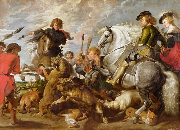 Rubens his Second Wife and Son in a Wolf and Foxhunt, after an original by Rubens (oil on canvas)