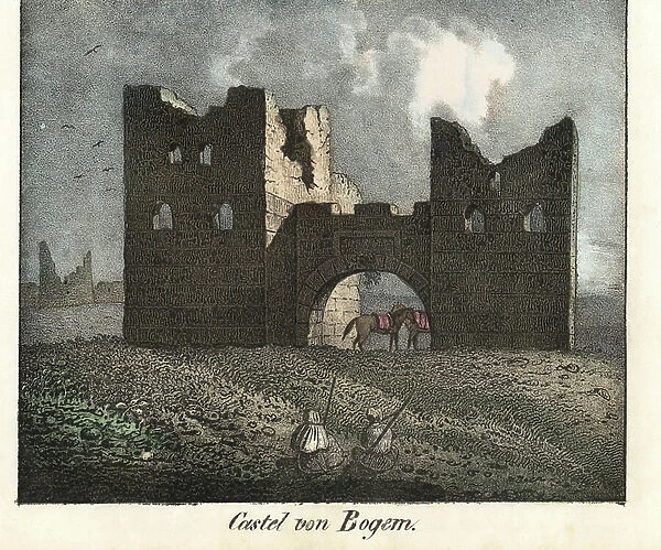 The ruins of the castle of Bonjem, in the region of Fezzan (Libya). Lithography for the book: ' Galerie complete en tableaux fideles des peuples d'Afrique' by Friedrich Wilhelm Goedsche (1785-1863), edition Meissen (Germany), 1835-1840