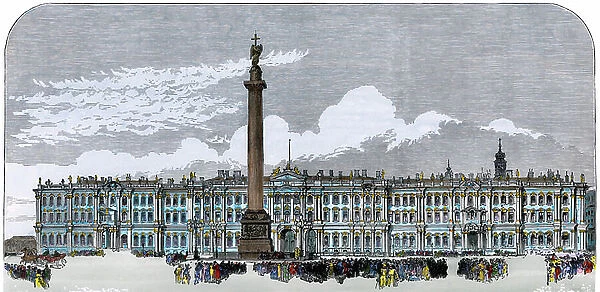 Russia: Alexander's Column (built from 1830 to 1834), on the Palace Square in Saint Petersburg (St. Petersburg), erigee to commemorate the victory of Russian troops over Napoleon, circa 1880 - Colorised engraving, 19th century - Alexander's column
