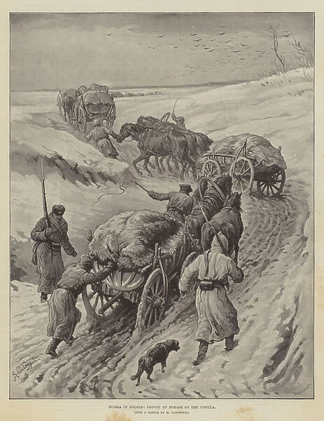Russia in Poland, Convoy of Forage on the Vistula (litho)