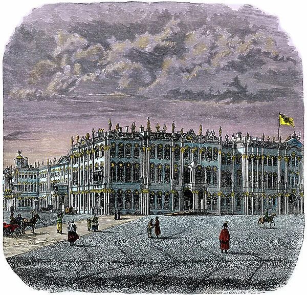 Russia: The Winter Palace (built from 1754 to 1762), in Saint Petersburg (Saint Petersburg), circa 1880 - Colorised engraving, 19th century - The Winter Palace, St Petersburg, Russia, 1880s - Hand-colored woodcut of a 19th century illustration