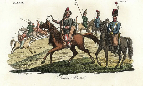 Russian military: Cossack officer 4, Bashkir archer 8, Kalmyk cavalry 9, 10, and regular Cossacks 5, 7, 11. Handcoloured copperplate engraving by Giarre and Stanghi from Giulio Ferrario's Costumes Ancient and Modern of the Peoples of the World, 1847
