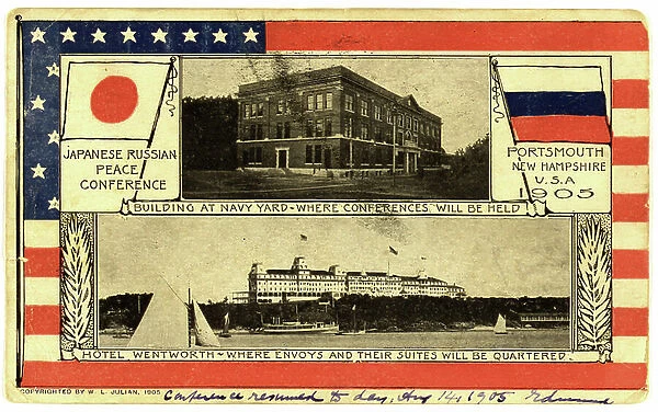 Russo-Japanese War 1904-1905: Venue for the Peace Conference, Portsmouth, New Hampshire, USA. Postcard 1905. Flag