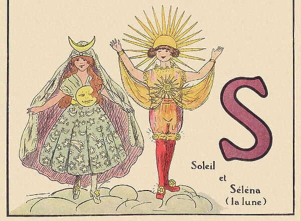 S for Sun and Selena (the moon), around 1920 (print)