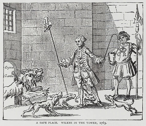 A Safe Place, Wilkes in the Tower, satire on the imprisonment of Radical politician and journalist John Wilkes on charges of seditious libel after writing an article criticising King George III for making a speech endorsing the Treaty of Paris