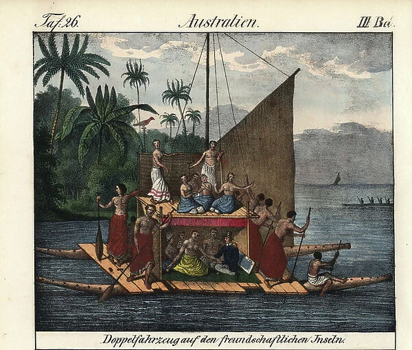 Sailboat has two hulls of the island of Amis (Tonga) with denudees dancers, paddlers in skirt and a European man. Lithography for the book: ' Galerie complete en tableaux fideles des peuples d'Amerique et d'Australie' by Friedrich Wilhelm Goedsche