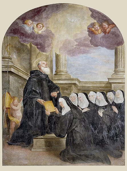 Saint Benedict of Nursie (Benedetto di Norcia) (480-547) founder of the Benedictine Order dictating the rule to the nuns Preparatory drawing by Domenico Fiasella (1589-1669) 17th century Collection BNL Genes