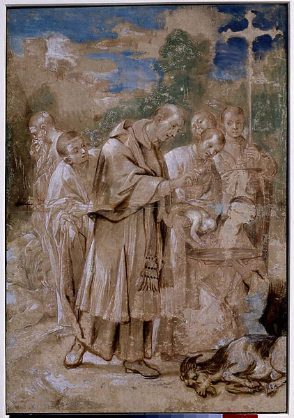 Saint Charles Borromee baptizing a child. The dead sheep