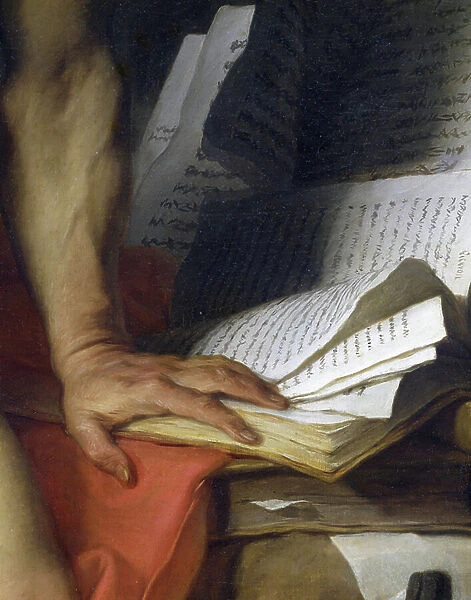 Saint Jerome, detail of the hand and the book. Painting by Pierre Subleyras (1699-1749). Pinacoteca di Brera is in Milan. 481.1