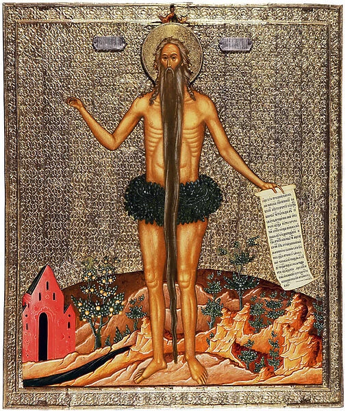 Saint Onuphre (Saint Onuphrius). Onuphre l'anachorete ou Le Grand (IVe siecle), moine puis ermite en Egypte, il est traditionnellement represente avec une longue barbe et des branchages en guise de vetement