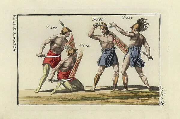 Four Samnite gladiators fighting with swords (gladius), shields (scutum) greaves (ocrea) and helmets. Handcolored copperplate engraving from Robert von Spalart's ' Historical Picture of the Costumes of the Principal People of Antiquity