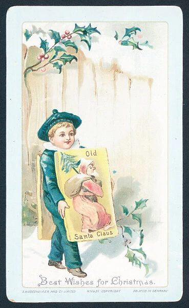 Sandwich Boy advertising Old Santa Clause, Christmas Card (chromolitho)